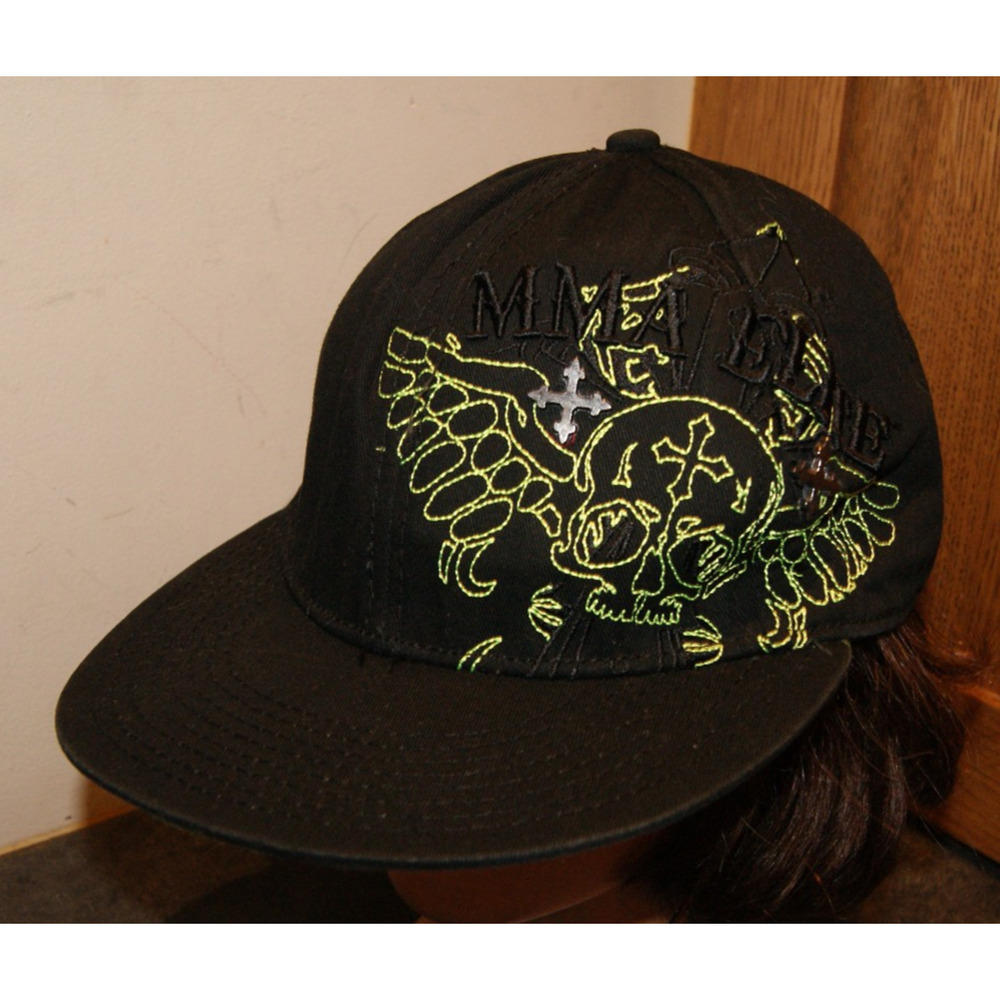 MMA ELITE VTG Fitted Black Cap Hat L/XL Metal Cross Skull Embroider Neon Green